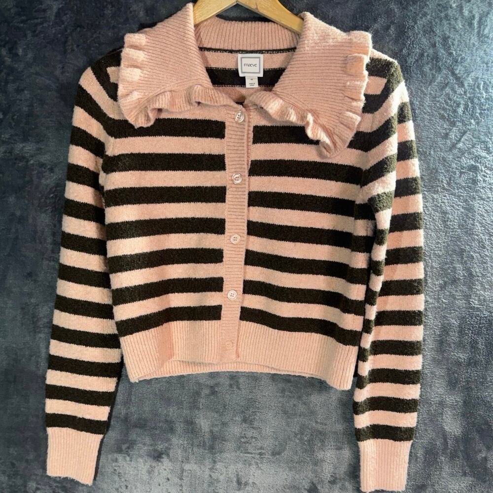 Anthropologie x Maeve Ruffle Collar Striped Cardigan Sweater Pink Brown XS